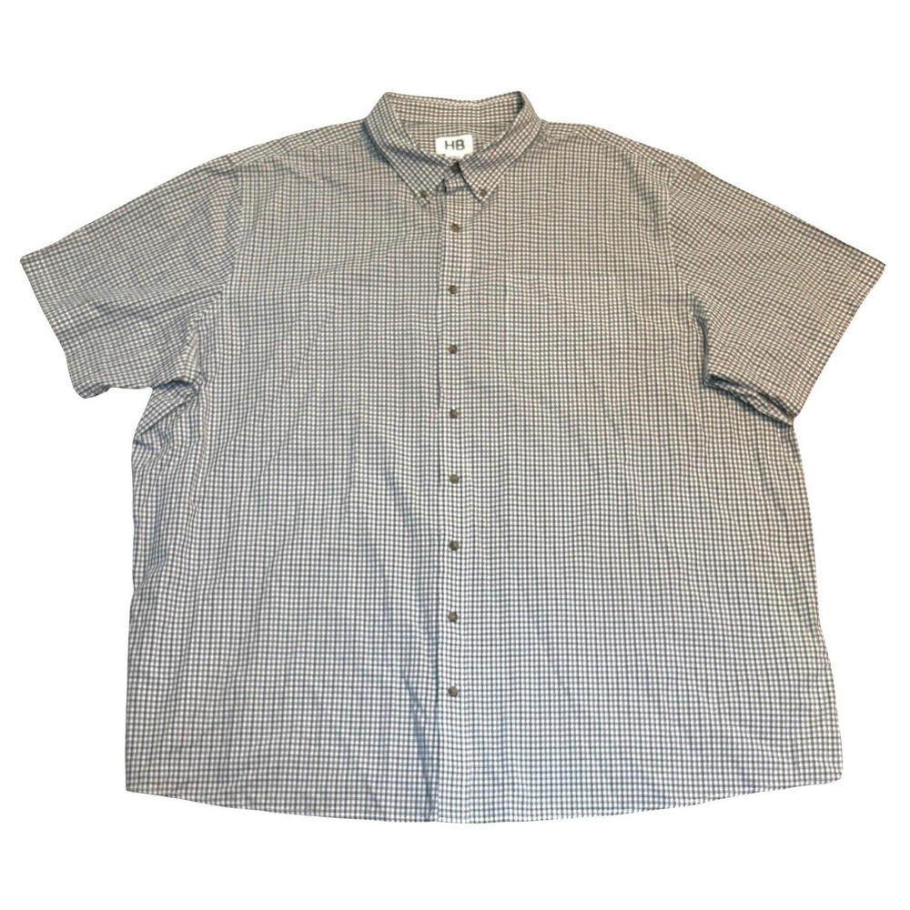 Mens 4XLT Button Down Shirt Gingham Check Short Sleeve Gray White Casual HB